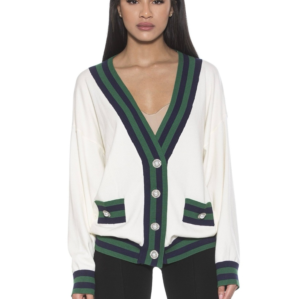 Alexia Admor White, Green, and Navy Frances Cardigan